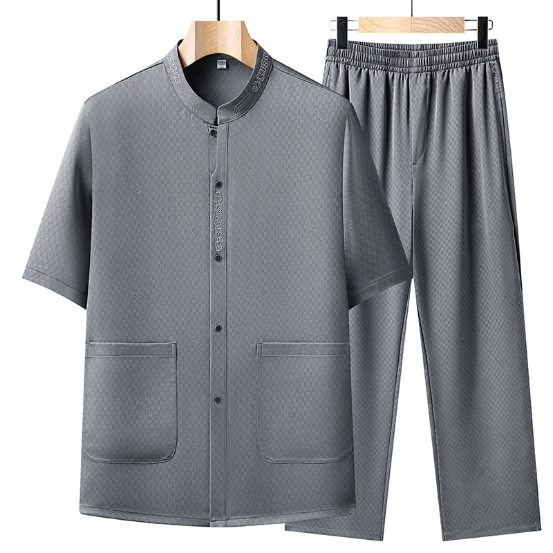 Summer Chinese-style two-piece shirt set for middle-aged and elderly men, loose casual short-sleeved Tang suit shirt for fathers and grandfathers