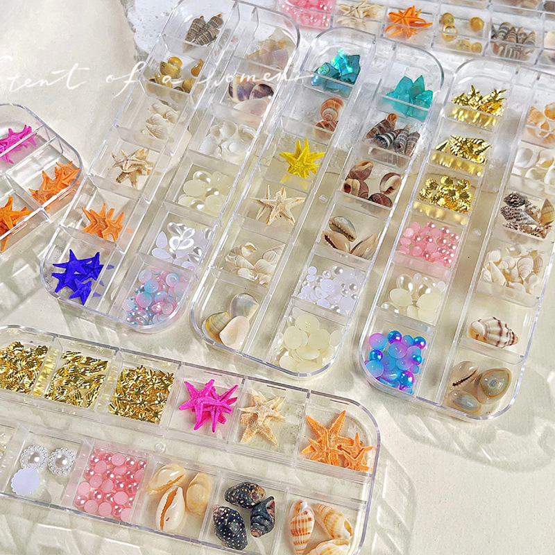 Venta caliente transfronteriza Tormenta marina joyería de uñas rebanadas de concha de estrella de mar natural rebanadas de abulón 12 rejilla mixta