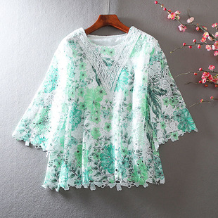 Summer Floral Print High-grade Slimming Top Loose plus size Mid-length Printed Lace Shirt Cotton Casual Shirt for Women