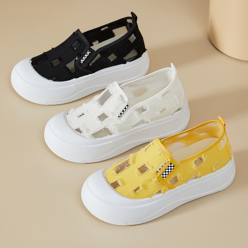 Summer New Style Breathable and Versatile Lazy Thick-Soled Student Shoes Super Soft Ripped Shoes Casual Canvas Shoes Hollow White Shoes