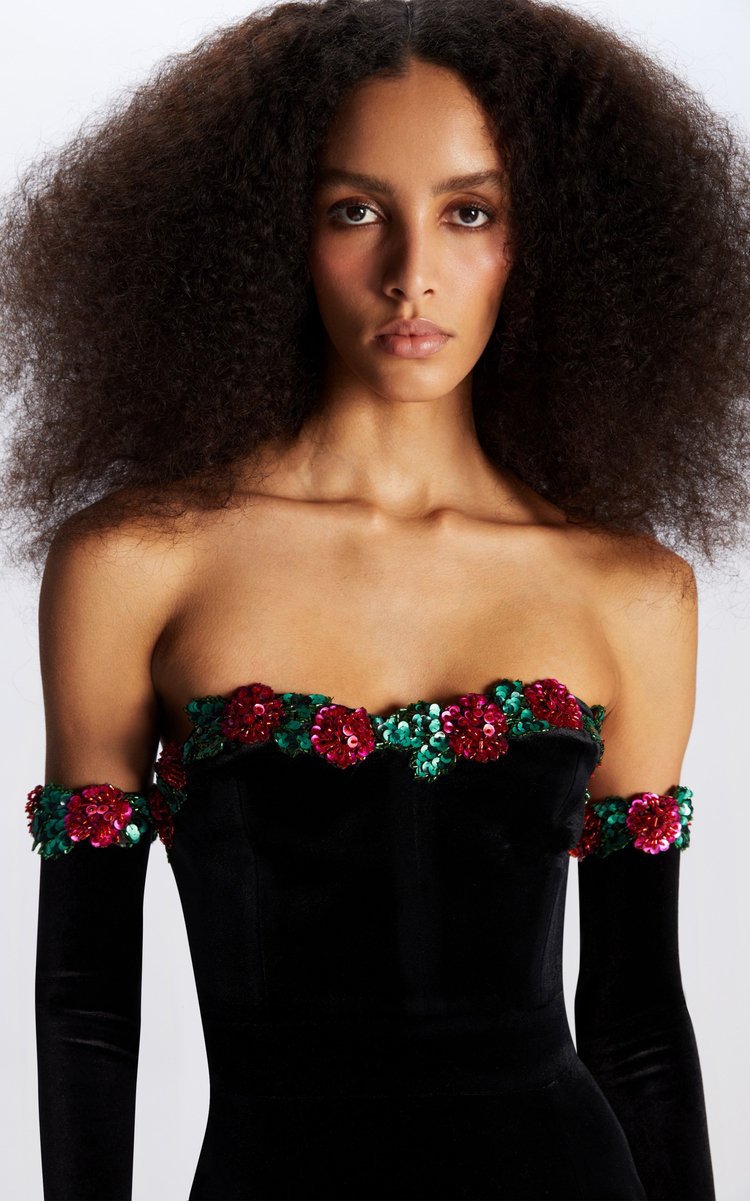 Women's Clothing Beaded Lace Decorated Velvet Skirt Dress Long Skirt with Gloves_voghion.com