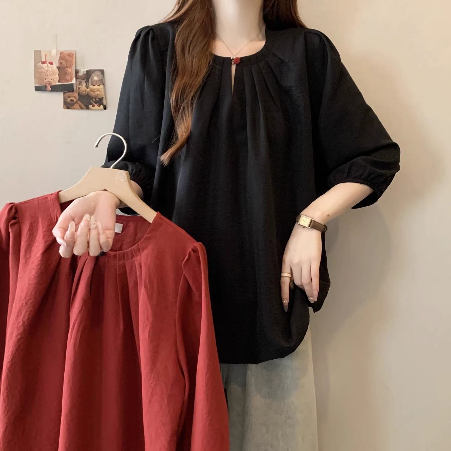 Camiseta de manga corta grande de siete partes para mujeres primavera y verano nueva gorda mm suelta y delgada que cubre la carne y el aire extranjero camiseta de reducción de edad superior image 3
