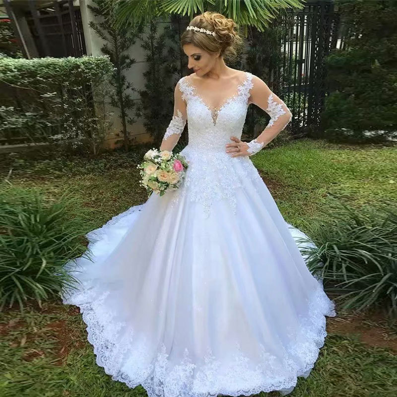 Comercio exterior europeo y americano Amazon AliExpress deseo nuevo vestido de novia vestido de noche cuello redondo encaje apliques manga larga vestido de novia