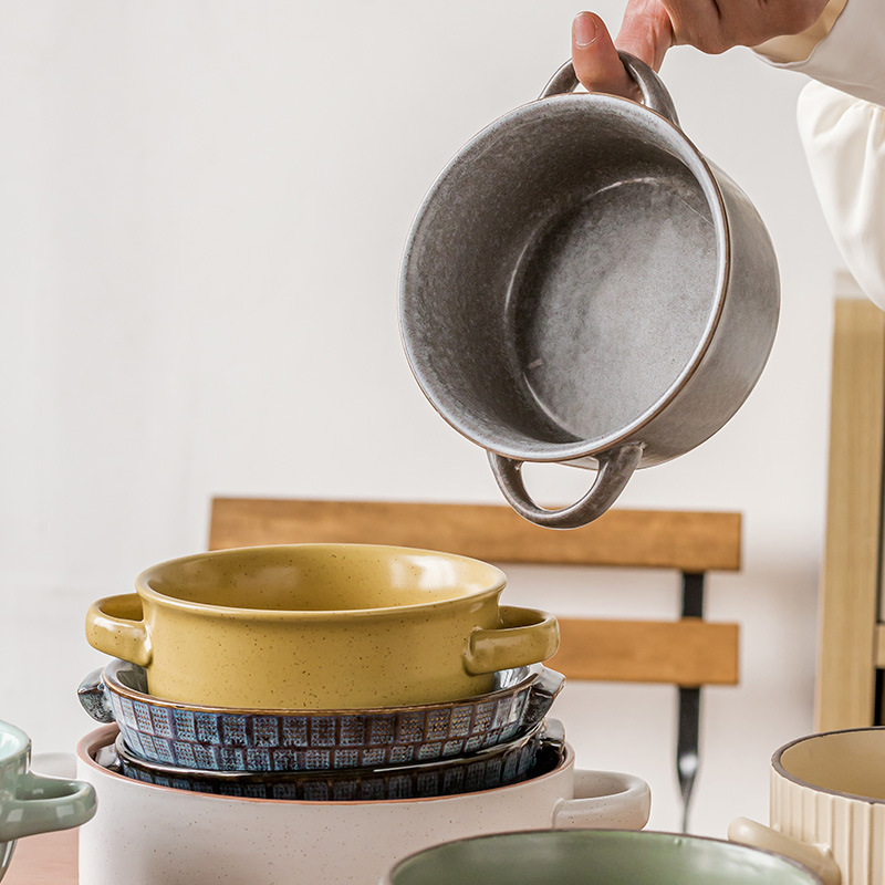 Tazones de orejas creativos de alto valor, una gran colección de vajillas prácticas, tazones de cerámica, tazones de sopa para el hogar que no están calientes, tazones de fideos retro