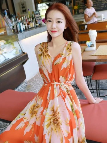 Summer chiffon maxi dress Bohemian dress women's long style fairy-like super-fairy sweet beach dress seaside vacation