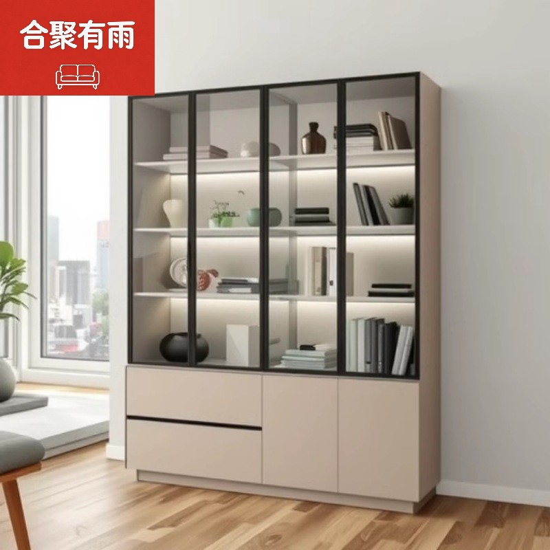 New Model of Home-Use Integrated Living Room Cabinet with Glass Doors, Minimalist Full-Wall Modern Light Luxury Wine Cabinet, Storage Cabinet, Bookshelf, Display Cabinet