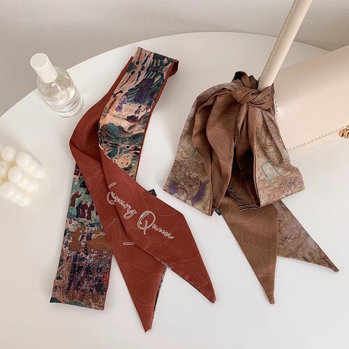 New Chinese Style Retro Dunhuang Series Silk Scarf Versatile Long Striped Hair Tying Band with Floating Ribbons, Elegant Match with Shirts and Small Collar Scarf