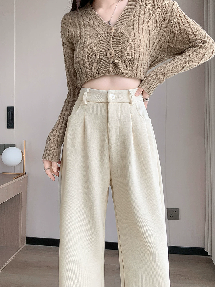 Woolen suit, demi-season leggings, velvet trousers, glutinous rice, high waist, increased thickness, loose straight fit