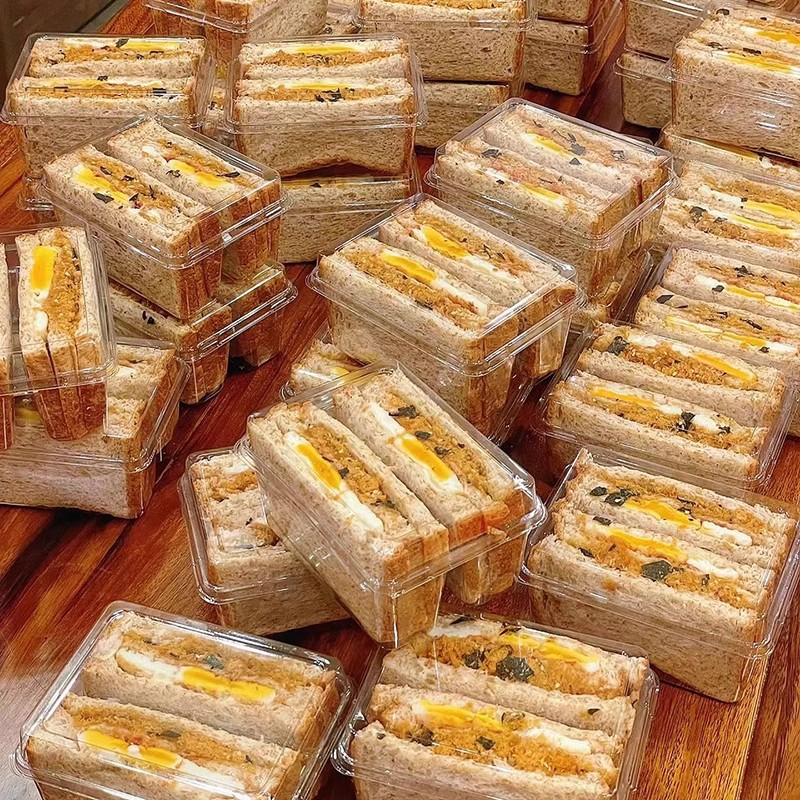 Caja de embalaje de sándwich doble compartimiento transparente cuadrada desechable caja de embalaje de pan rojo red tostada sándwich