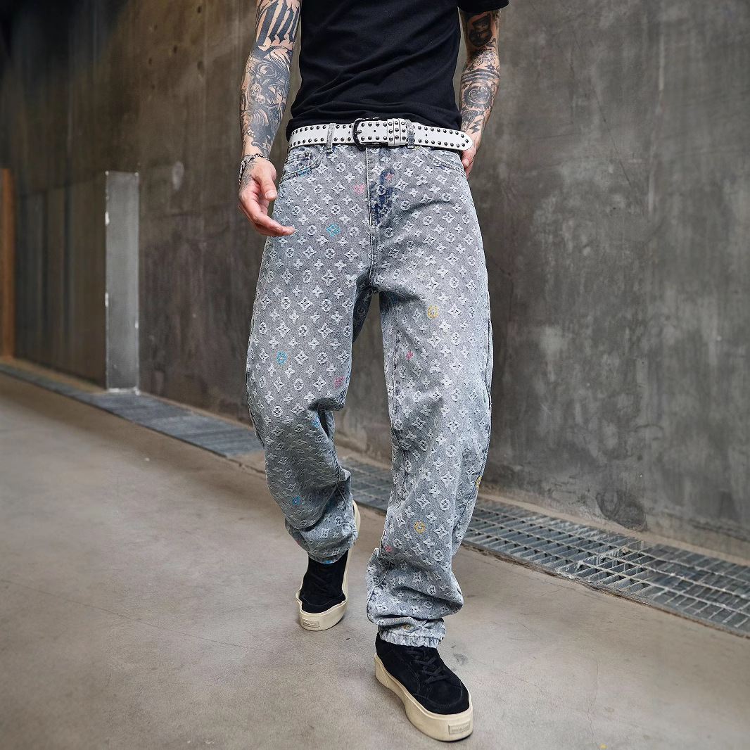 LIYANG2025夏季新款男装碎花裤男士宽松直筒裤潮牌个性提花牛仔裤
