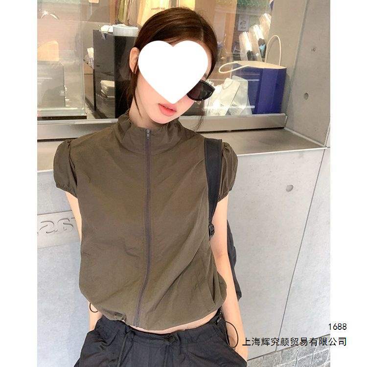 夏季美式复古设计感薄款立领短款拉链休闲百搭短袖外套防晒上衣女