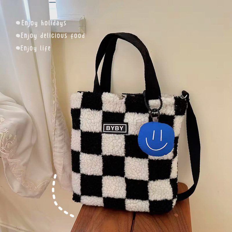 Lambswool messenger bag chessboard plaid shoulder bag trendy plush small square bag all-match computer bag student handbag trendy