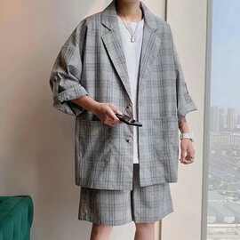 西服套装男格子痞帅潮流西装夏季薄款休闲炸街短裤网红外套ins潮