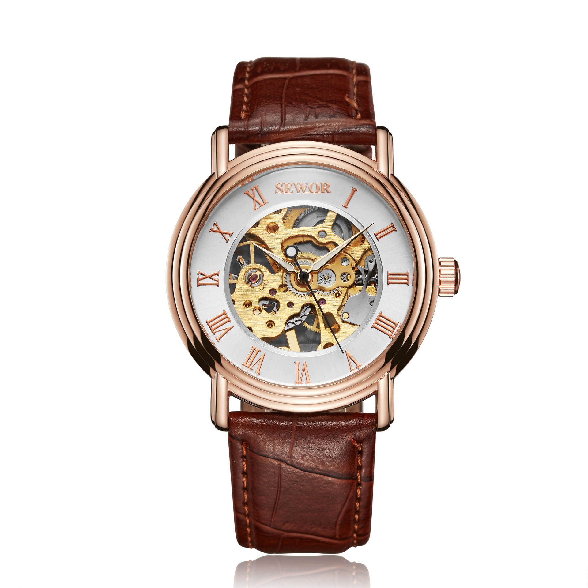 SEWOR reloj mecánico semiautomático para hombre reloj de correa de fondo transparente hueco reloj mecánico manual 01