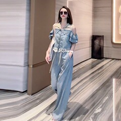 カジュアルスリムデニムファッションスーツ女性の夏の感覚年齢軽減レースステッチトップワイドレッグパンツツーピーススーツ