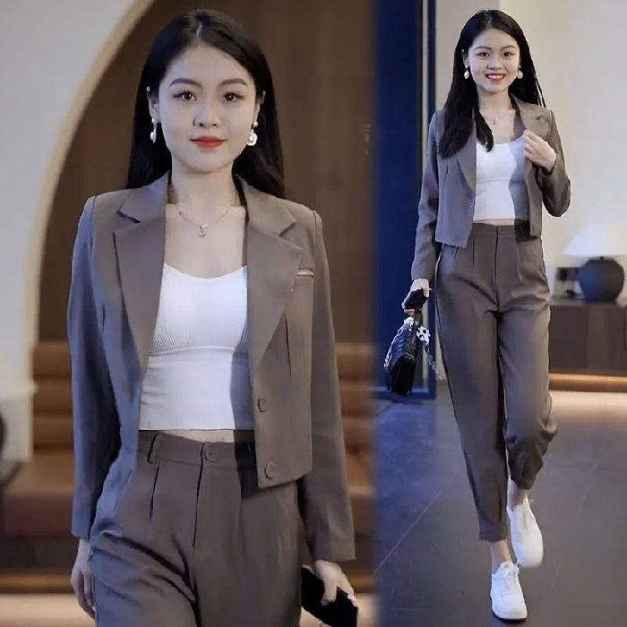 Ensemble deux pièces GraceChic 2024, veste courte, coupe slim, manches longues, style décontracté, idéal pour les petites tailles et les débuts d'automne._voghion.com