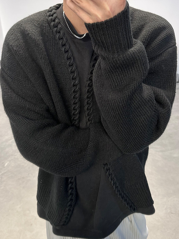 复古卡其色勾花环扣领针织开衫外套男秋季法式慵懒老钱风v领毛衣|undefined