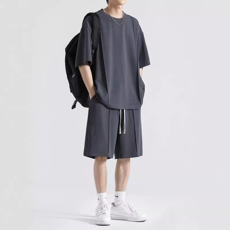 Camiseta de manga corta de seda de hielo traje casual verano para hombres 2024 nuevo traje de pareja de secado rápido deportivo de color sólido de dos piezas