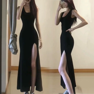 轻熟辣妹风开叉收腰显瘦连衣裙子女秋季无袖背心过膝修身包臀长裙