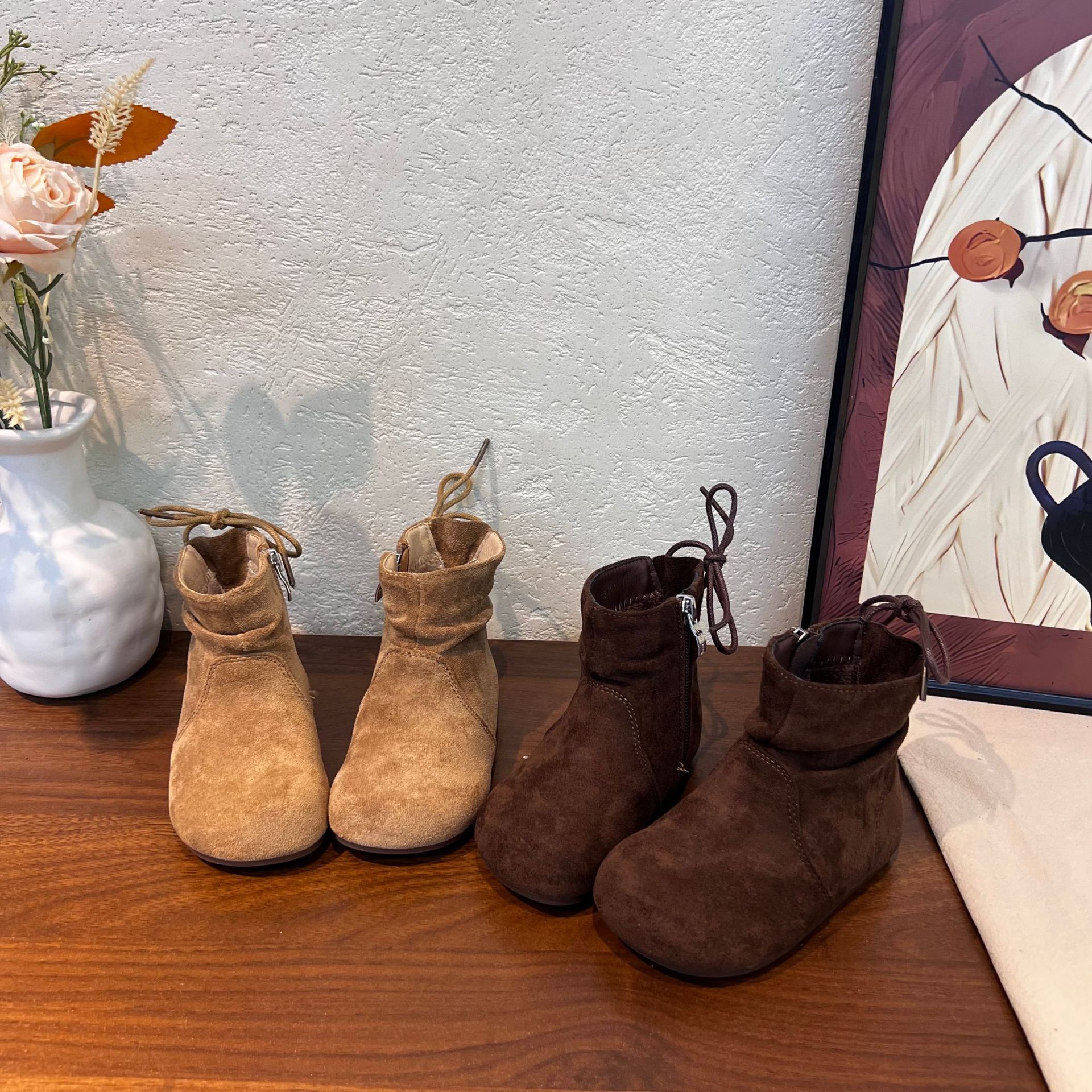 2025 New Autumn and Winter Kidsren's Suede Short Boots, Fashionable Side Zipper Fleece-Lined Baby Boots, Retro Style Kidsren's Shoes