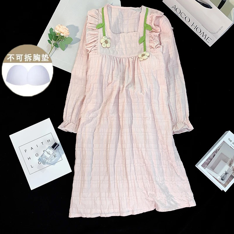 Pijamas de Manga Larga para Otoño e Invierno con Relleno en el Pecho para Mujer, Estilo Coreano 2025, Lindo Traje con Flores Pequeñas, Ropa de Dormir para Estudiantes