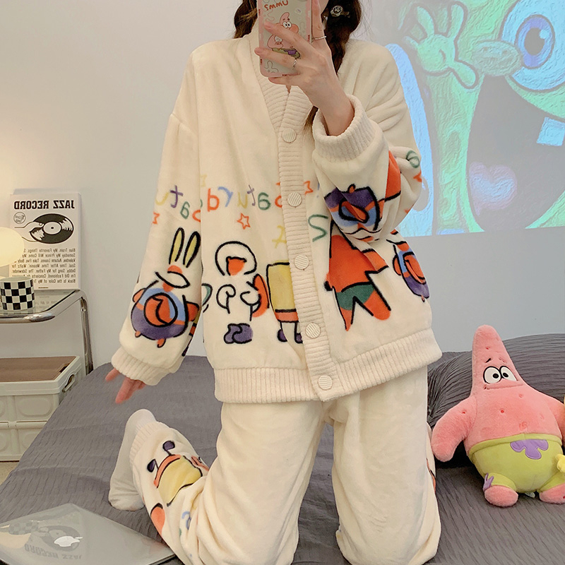 派大星睡衣女珊瑚绒睡衣大码保暖家居服套装女款长袖长裤开衫睡衣|undefined