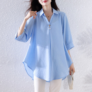 Real Shot Solid Color V-neck plus size Shirt Summer New Fashion Elegant Simple Casual Loose Small Shirt