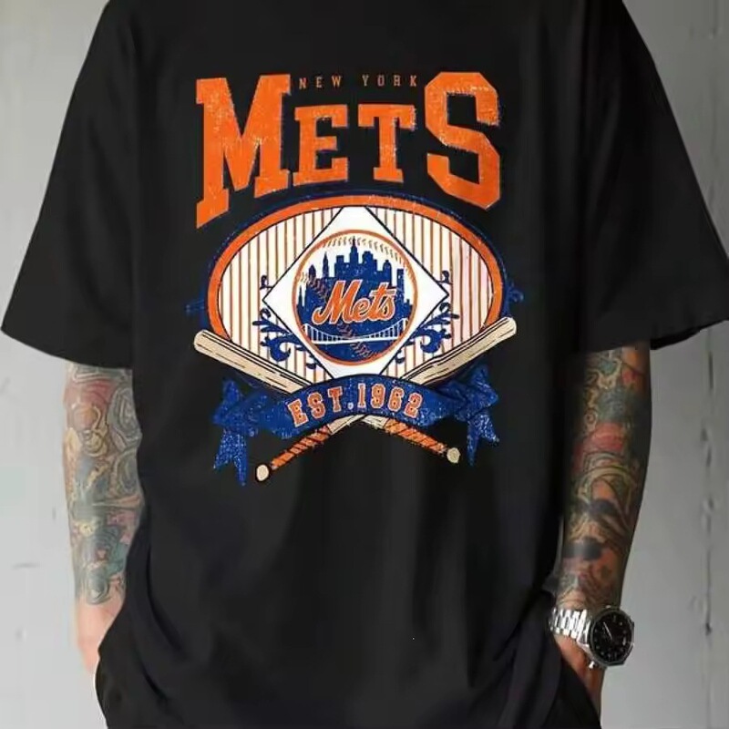 Graphic Shirt, Cotton T-Shirt, Size Plus, New York Mets Logo T-Shirt, Black Crew Neck, Large
