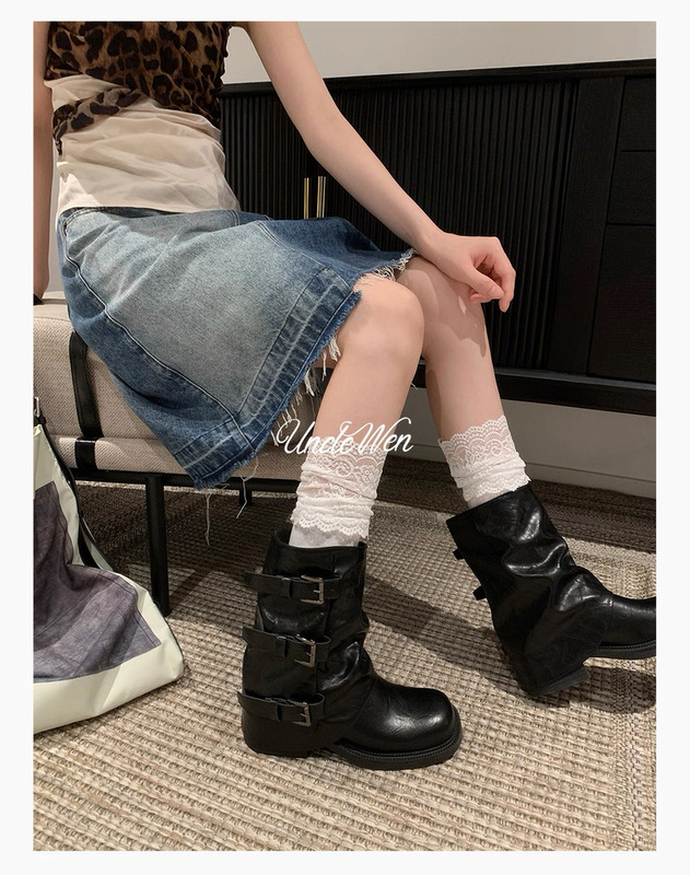 月屿皮质美拉德中筒马丁靴女复古英伦内增高粗跟褶皱堆堆裤管短靴|undefined