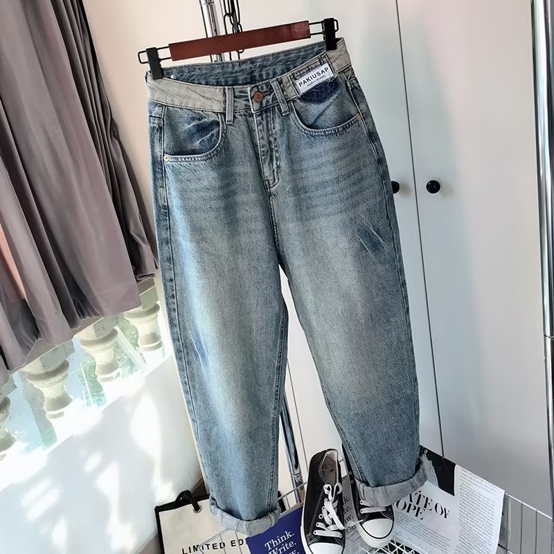 Spring 2024 new small cropped harem jeans women's high waist loose slimming design daddy pants