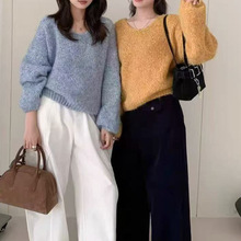 韩系简约鸡心领杂色花纱长袖软糯针织套衫女基础款套头衫上衣