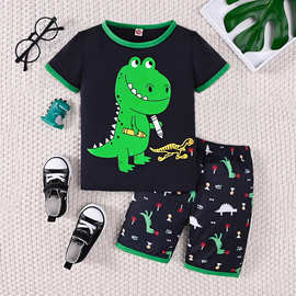 baby2-7Y男童短袖夏季休闲家居服一件代发可爱恐龙画笔宝宝印花两