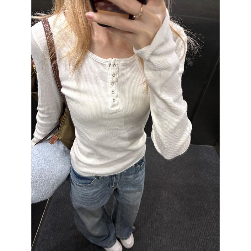 American-style retro white base layer for women, new autumn/winter slim-fit BM long-sleeve T-shirt, black pure cotton, regular shoulder American-style retro white base layer for women, new autumn/winter slim-fit BM long-sleeve T-shirt, black pure cotton, regular shoulder