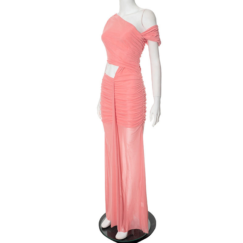 Women Clothing Spring Summer Solid Color Elegant Socialite Pleated Sexy Oblique Shoulder Dress Women