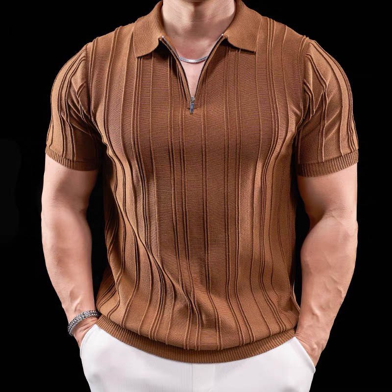 Polo camiseta de punto camiseta de manga corta hombre solapa media cremallera rayas viejas camisetas de hielo de viento de verano fábrica transfronteriza al por mayor