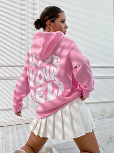 Ladies Fleece Hooded Sweatshirt with Letter Print on Back, Casual Hooded Sweatshirt, Origin Style Top, Korean Style