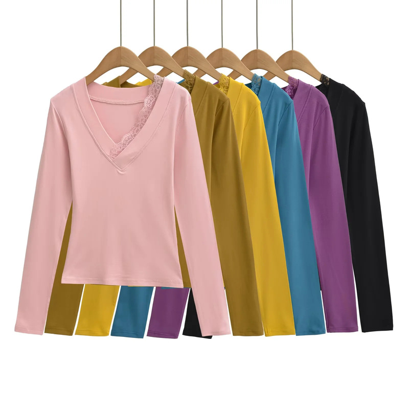 Pure Desire V-Neck Lace Patchwork Long-Sleeve Base Shirt for Women, 2026 Spring High-End Style Slim-Fit T-Shirt Top