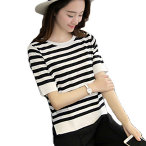 Loose and Comfortable Plus Size Women's Trendy Korean Style Crew Neck Short Sleeve Striped Split Top Color Block T-shirt Women's Plaid