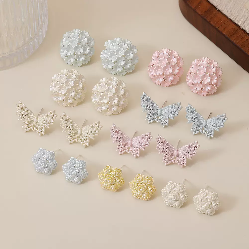 法式花团花朵耳钉轻奢高级感蝴蝶耳饰时尚百搭设计感气质简约饰品