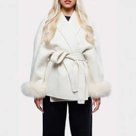 现货2025春季新款亚马逊独立站跨境气质优雅毛毛袖口翻领系带外套