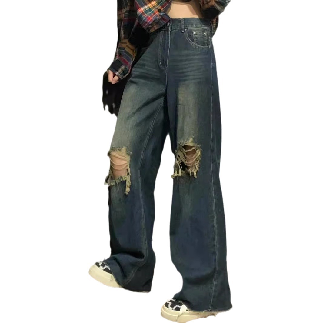 Factory Direct Supply Beggar Ripped Jeans Men's Summer Washed Old Micro-Ram Pants Skinny Straight Pants American Style