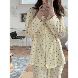 跨境专供女士春季新款睡衣女长袖开衫波点爱心家居服两件套装批发