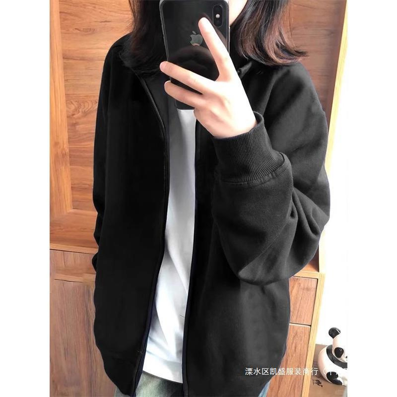 Black Sweatshirt Coat Women's Autumn and Winter Baseball Suit Early Autumn Wear Thin Collar Hatless American Early Autumn Chic Top