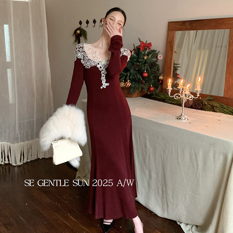 [Special Offer, No Returns or Exchanges] Xiu Xixi Elegant Lace Knit Dress, Slimming High-Waisted Long Dress 88459