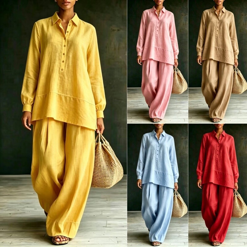 Amazon 2026 Summer New Cross-Border Women's Clothing Solid Color Button Long-Sleeve Shirt and Loose Pants Two-Piece Set