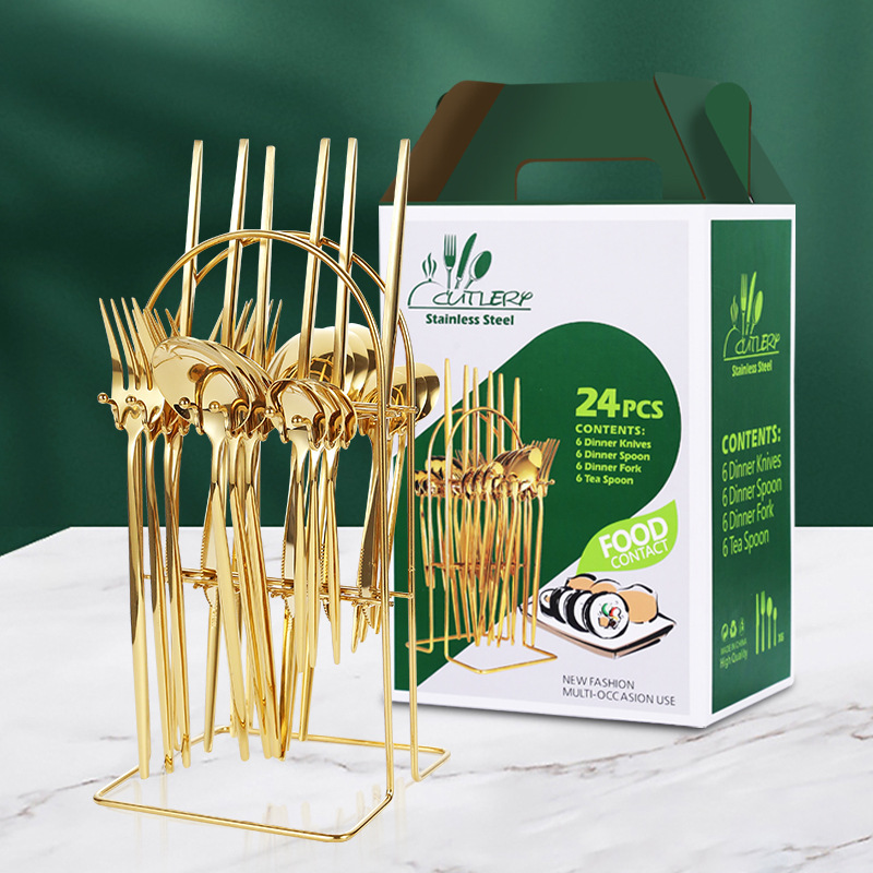 Cuchillo de filete occidental transfronterizo, tenedor y cuchara Amazon Portugal vajilla de acero inoxidable 24 piezas de almacenamiento en rack caja de regalo traje