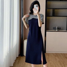 假两件短袖拼接连衣裙2025夏新款高级感不规则-中长款大码T恤裙女