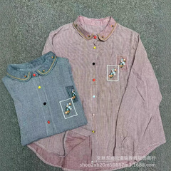 文芸小清新刺繍格子襟綿二重綿シャツ女性長袖シャツ