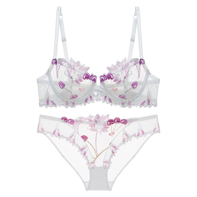 Ultra thin lace sexy underwear, thin bra, transparent set, with embroidery, flowered