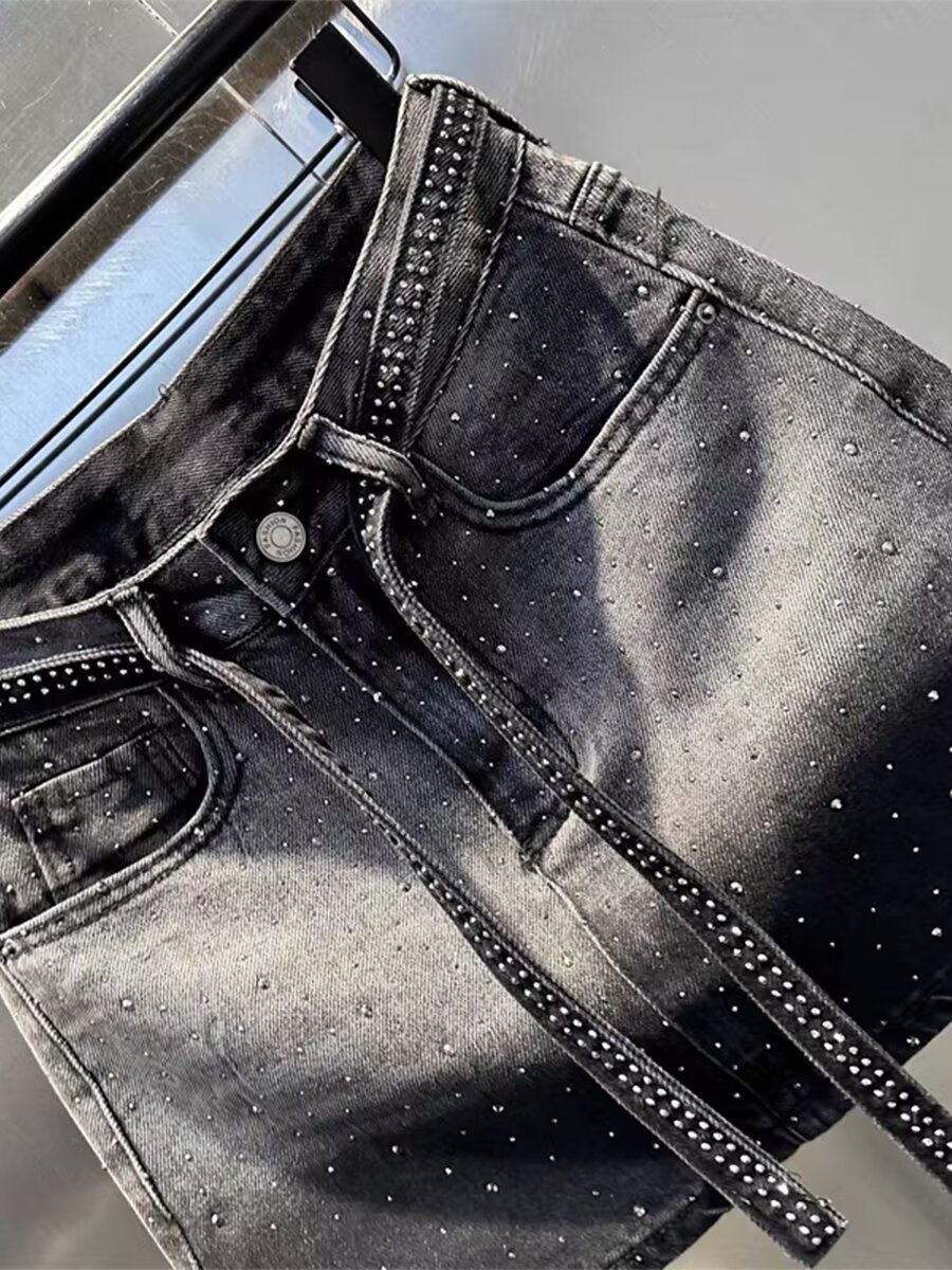 Retro Farbverlauf Denim Midi Rock Mit Strass Hochtailliert Slim_voghion.com